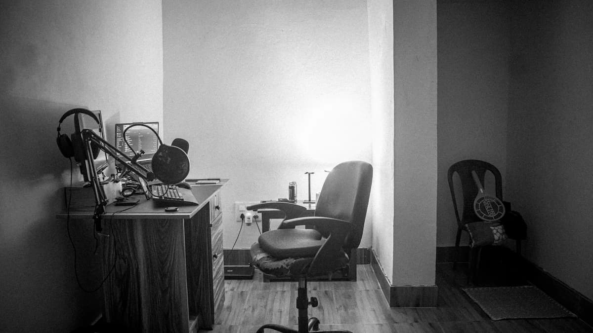 Cuffie audio appoggiate su una scrivania in legno